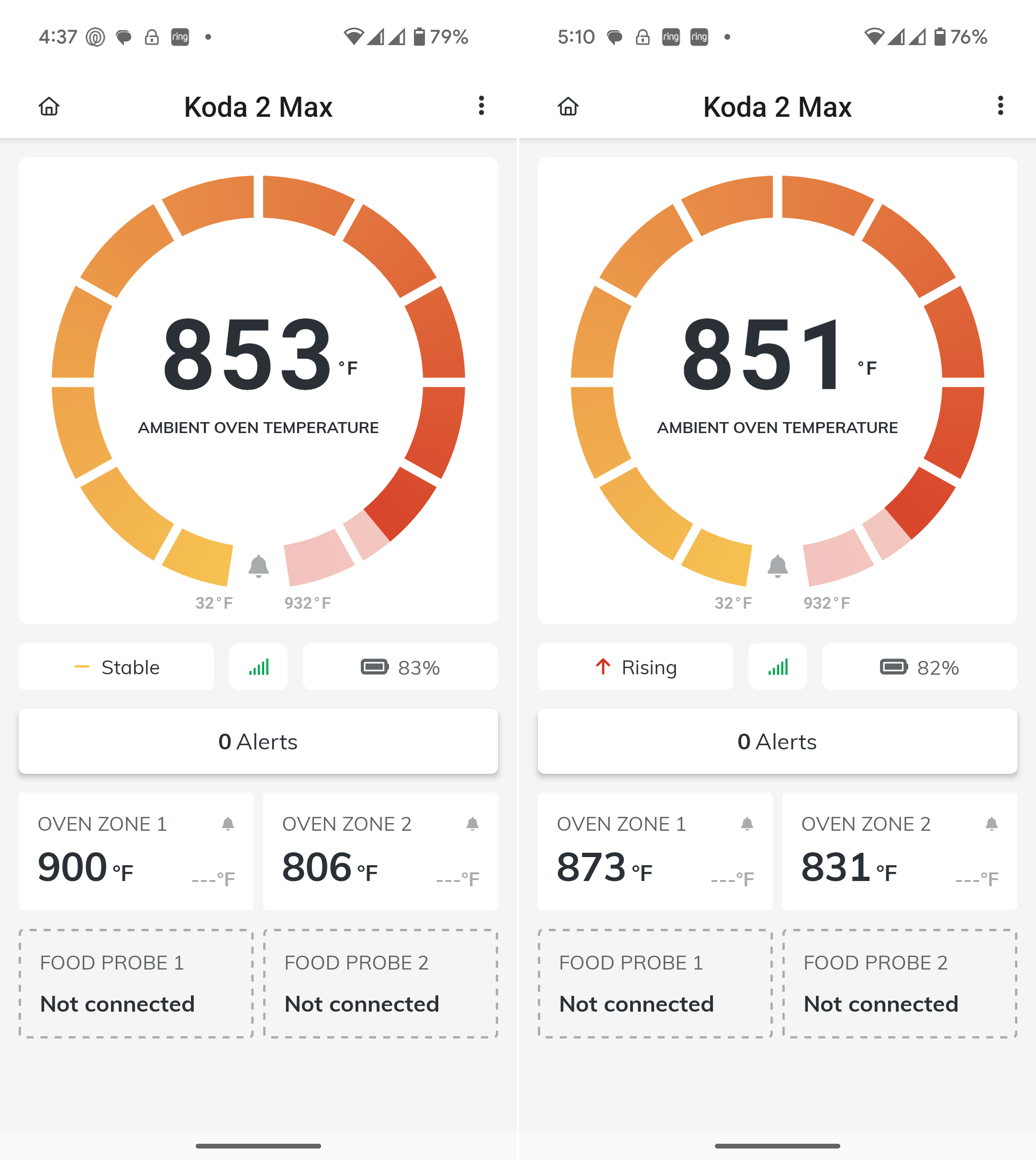 Two side-by-side screenshots of the Ooni smartphone app displaying dual zone ambient oven temperatures for the Koda 2 Max.